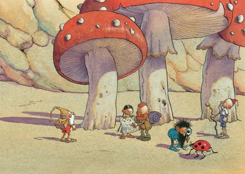 Ilustração infantil de personagens investigando um mundo com cogumelos gigantes, caçadores da grande floresta